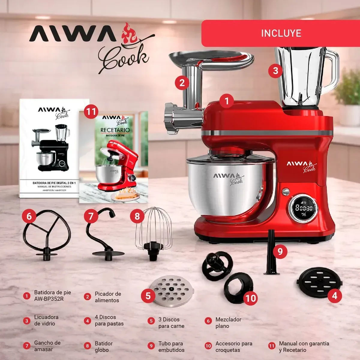 BATIDORA PLANETARIA AW-BP352R ROJO AIWA - Imagen 5